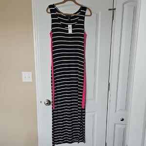 Black and White Striped Maxi Dress with Pink Accents